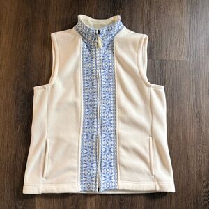 L.L.Bean Womens Fleece Vest Size M White Blue Nordic Zip Front Cozycore Winter